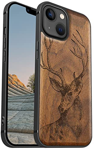 Carveit Coque pour iPhone 13 Étui Bois, (Noyer-Tête de cerf) | Magnétique Case [Antichoc Pare-Chocs en TPU Souple] Étui en Bois de Téléphone Compatible Magsafe iPhone 13 Coque