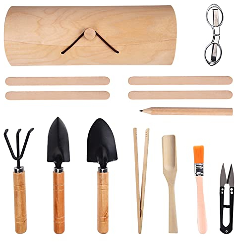 MissFox Gartenwerkzeug Set 14 Stück Bonsai Werkzeug aus Holz, Mini Pflanzen Gartengeräte Set mit Gartenschaufel, Garten Harke, Pinsel, Pflanzenschilder, Pinzette, Geschenk für Gartenfreunde