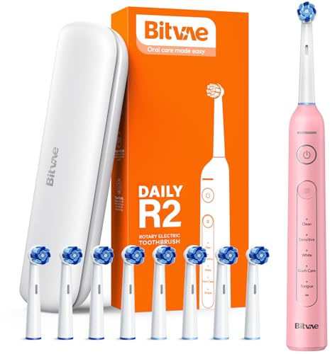 Bitvae R2 Rotating Electric Toothbrush for Adults with 8 Brush Heads, 5 Modes Rechargeable Power Toothbrush with Pressure Sensor, Pink