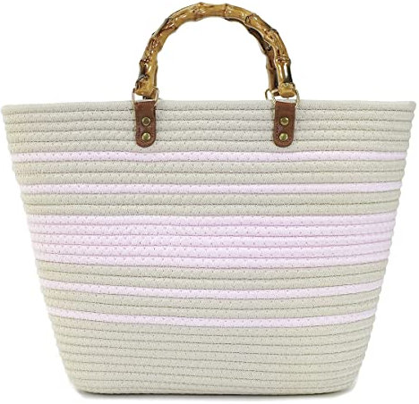 Grand sac fourre-tout rétro en paille avec poignée en bambou pour femme - Sac à main d'été tissé à la main - Élégant sac à main de voyage, rose, Taille unique