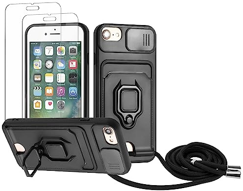 Zallagre Handykette Hülle kompatibel mit iPhone 6/6S/7/8/SE 2020.[2 Stück] Schutzfolie Glas,Kameraschutz,360 Grad Ringhalter Stand,Kartenfach,Silikon hülle-Schwarz