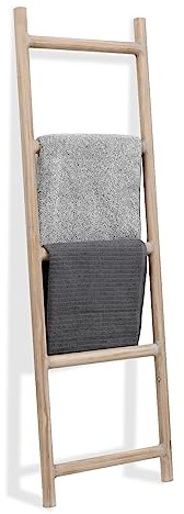 FUIN Fully Assembled 5ft Wood Blanket Ladder Living Room Decorative Wall Leaning Farmhouse Quilt Display Holder Rustic Wooden Towel Rack for Bathroom, Natural & Graywashed