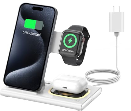 3 in 1 Foldable Charging Station for Apple Products,Wireless Charger for iPhone 17 16 15 14 13 12 Pro Max,Travel Dock Adapter&Light for iWatch Series 11 10 9 Ultra 3/2 SE 3/2,for AirPods 4 3 2 Pro 3/2