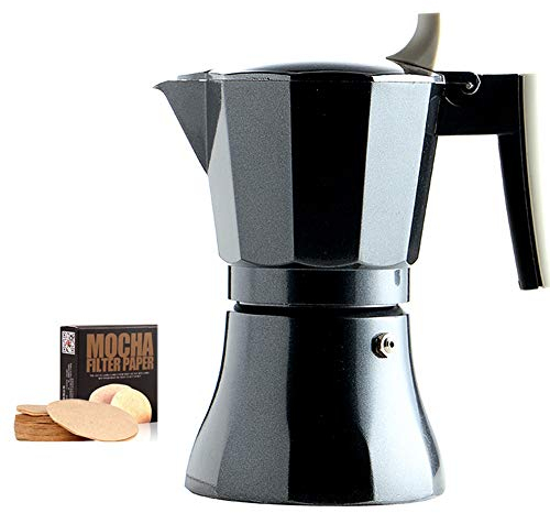 OQHAIR Mocha Pot Moka Pot de acero inoxidable para el hogar, pequeño dispositivo para hacer café, cafetera espresso, cafetera para estufa (color: plata, tamaño: 3 tazas) (negro 10.1 fl oz