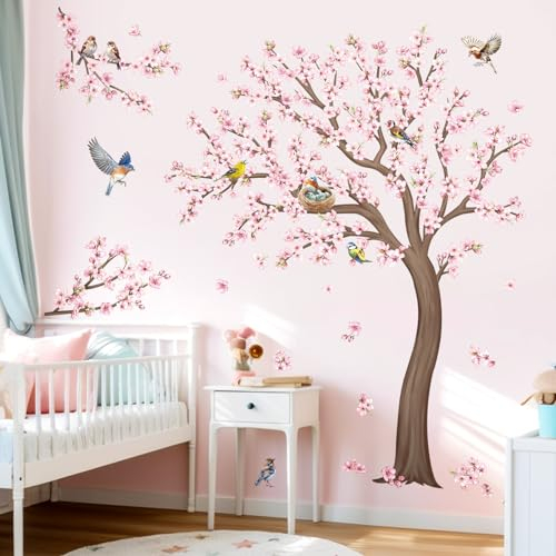 decalmile Wandtattoo Baum Kirschblüte Groß Wandaufkleber Kirschbaum Blumen Rosa Vögel Wandsticker Kinderzimmer Mädchen Wohnzimmer Klassenzimmer Wanddeko(H: 59 inches/150 cm)
