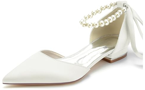 Hanfike Chaussures de mariage élégantes pour filles et femmes avec chaînes de cheville à bout pointu chaussures de soirée formelles avec ruban JY286, ivoire, 42.5 EU