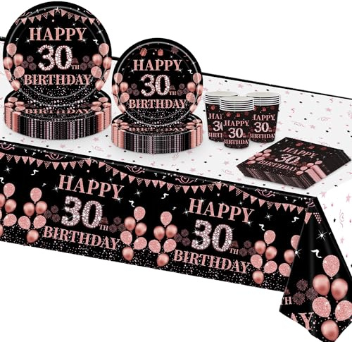 TOPWAYS Deko 30 Geburtstag Frauen, Schwarz Roségold Tischdeko 30. Geburtstag Frauen Partygeschirr Geburtstagsdeko Pappteller Tischdecke Pappbecher Servietten (16 Gäste) (30 geburtstag frau)