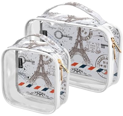Clear Travel Toiletry Bag, Paris Eiffel Tower Envelope Graffiti Style Pattern 2PCS Portable Waterproof Makeup Bag, Transparent Cosmetic Bag, Travel Storage Pouch