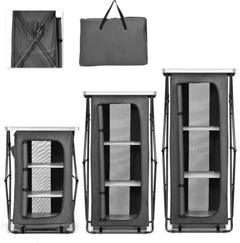 TANGZON Folding Camping Storage Cabinet, Portable Pop-Up Cupboard with 3 Compartments, Side Pockets and Carry Bag, Outdoor Waterproof BBQ Picnic Cupboard Storage Shelving Unit (63cm x 45cm x 139cm)