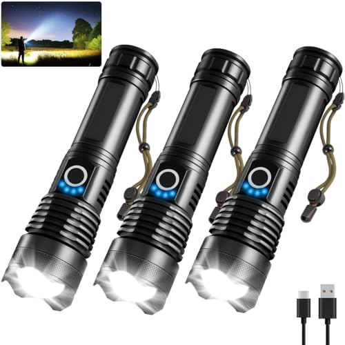 UUYEE 3Pack Rechargeable Flashlights High Lumens, Super Bright Flashlight, 5Modes LED Flashlight Rechargeable, Adjustable Tactical Flashlights High Powered, Flash Lights for Emergency Camping Home