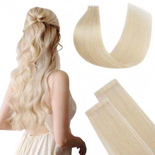 FUOTONBUTY Tape Extensions Echthaar Doppelt Genäht, Tape in Extensions Echthaar, 20 Stück 50g Invisible Tape Extensions, Tape on Extension Echthaar (Platinblond, 40 CM)