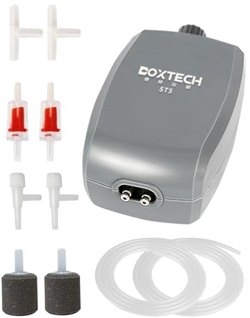 Boxtech Aquarium Luftpumpe Regelbar Durchfluss，Fisch Membranpumpe Doppelauslass,Teich Luftsprudler Mit Zubehör für Aquarien(3,5 Watts)