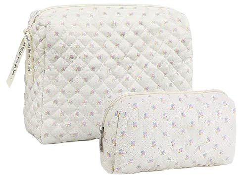 LURVOUS 2 Stück Reise Kosmetiktasche, Kulturtasche mit Blumenmuster, Große Kosmetiktasche Florale Schminktasche Gesteppte Kulturtasche Make Up Bag für Damen, Cosmetic Bag Make Up Tasche
