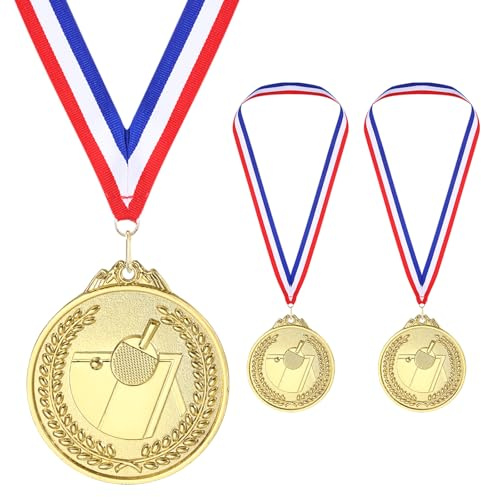 PATIKIL 65mm Metall Medaillen Gold 3 Stück Tischtennis Medaillen Auszeichnung mit Medaillenband Rot Weiß für Spiele Sportwettbewerbe Oden Party