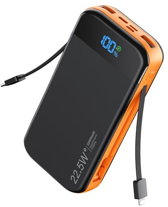 LENGSUM Portable Charger Power Bank Built-in Cables, 32000mAh 22.5W USB C Fast Charging, 5 Outputs 3 Inputs Travel Essentials Battery Pack Compatible with iPhone, iPad, Samsung, Google Pixel, Orange