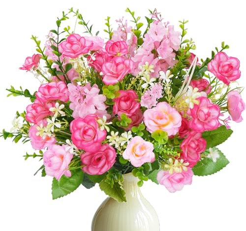 Zythrem Finti fiori artificiali in plastica, decorazione artificiale per esterni, bouquet, composizioni floreali, giardino, feste, casa, decorazione (rosa)