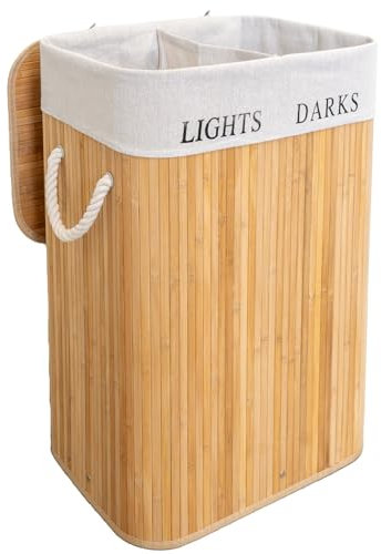 edihome, Cesto Portabiancheria 2 Scomparti, Cesta Panni Sporchi, Sporca, 72 litri, Cestino con coperchio, secchio, Laundry Basket, pieghevole, borsa lavabile estraibile, manici, in bambù (naturale)