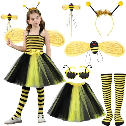 Zhulybowei Déguisement d’abeille pour Enfant, Déguisement Enfant de Abeille, Set de Costume d'Abeille avec Ailes, Serre Tête, Jambières Costume Cosplay pour Carnaval Fête Halloween