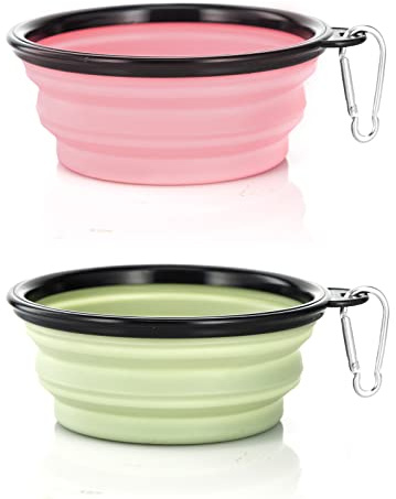 SLSON 2 Pièces Bol à Chien Pliant Bol en Silicone Pliable pour Chiens et Chats, Gamelles de Voyage Pliables en Silicone pour Animaux de Compagnie (Rose et Verte, Petit)