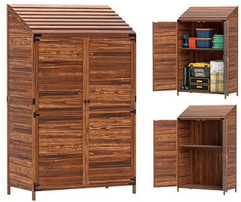Outsunny Lean-to Small Shed, Tall Wooden Garden Shed with Slatted Bottom, Magnetic Doors, Double Shelves, Outdoor Tool Log Store, 103.5 x 59 x 174.5 cm, Mixed-Brown