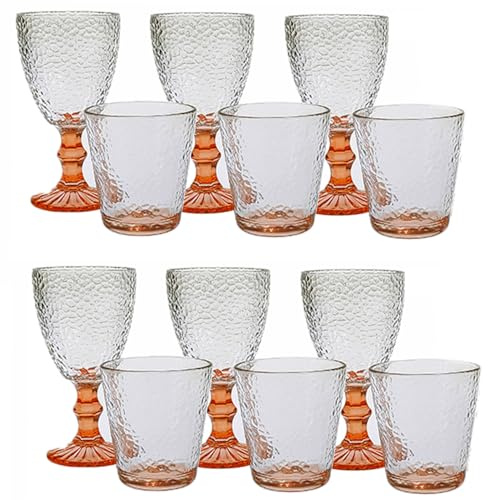 Set 12 Bicchieri 6 acqua 6 vino calici con piede in Vetro trasparente arancione da tavola Eleganti Stile Raffinatezza in casa per Ogni Tavola e Occasione bar hotel ristorante