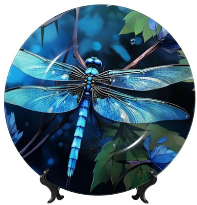 HJTRW Assiette décorative en porcelaine anglaise avec support de présentation en céramique - Libellule bleue - Assiettes rondes à suspendre au mur - 17,8 cm