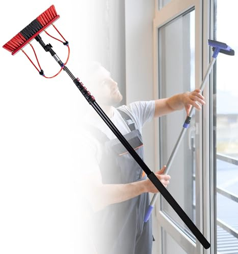 SHEUAO Teleskop Waschbürste Mit Wasserdurchlauf,Photovoltaik Reinigung Set Wasserbesen,Ausziehbar Teleskopstangen Reinigung Für Fenster,Terrassendach,Solaranlage - Inkl.Bürste,Schlauch,35CMbrush-6M
