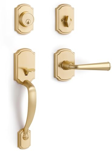 SORWDUERM 1 Pack Gold Front Door Handle and Deadbolt Set Reversible Brushed Brass Lever Entry Lock Handleset with Key Single Cylinder