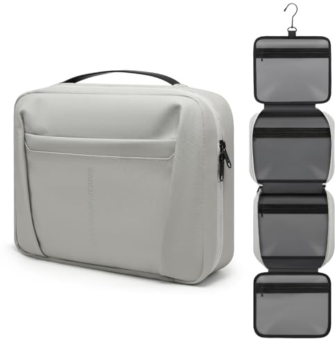GAOCHY Travel Hanging Toiletry Bag for Men Women Wash Bags Water-Resistant Organiser Makeup Cosmetic Bag Foldable Large Capacity Travel Sized Toiletries with 5 Compartments (Silk Grey, Medium)