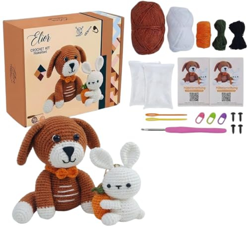 Generisch Elior Häkelset für Anfänger Komplettset– Amigurimi – Inkl.100% Baumwollgarn, Zubehör, Deutsch und Englisch Anleitungen – DIY Kreativset & Geschenkidee- Hund und Hase