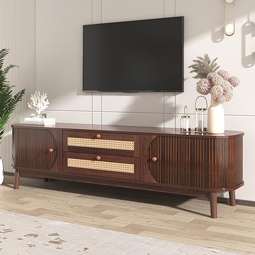 Generisch Mueble de TV de madera natural con elementos de ratán, 170 cm, estilo rústico, con cajones y puertas para un salón elegante, solución de almacenamiento resistente con efecto nogal