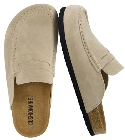 CUSHIONAIRE Fondu Genuine Leather Mule Clogs for Women, Comfortable Slip On Womens Shoes with Penny Strap Accent and Memory Foam Footbed, Biscuit 9