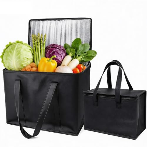 2Pcs Insulated Grocery Bags, 35L Large & 7L Medium Reusable Shopping Bag Set, Hot & Cool Food Delivery Cooler Bag, Foldable Bags for Picnic, Camping, BBQ