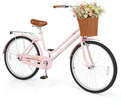 GYMAX Beach Cruiser Bike for Adults, 24/26 Inch Commuter Bicycle for Women with Rattan Basket, Ergonomic Low Step-Through Frame, Rear Rack & Adjustable Seat, City Bike Cruiser Bicycle (24 inch,Pink)