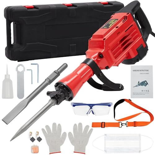 Marteau-Piqueur De Démolition 3600 w, Coffret De 4 Burins Et Mèches, Marteau-Piqueur électrique Pour Béton Et Métal, Bouchons d'Oreille Antibruit, Bandoulière