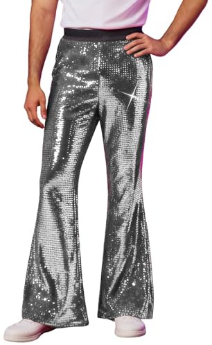 Glitzer Hose Herren Silber Metallic Hose Lang Glänzende Glitzerhose Jogginghose 70er 80er Disco Party Outfit Männer Silberne Glitzer Jogger Pailetten Hosen Nachtclub Karneval Kostüm