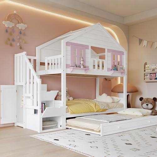 YuQozii Letto a castello con letto a rotelle, letto per bambini, appendiabiti, con bella finestra e tetto, stabile rete a doghe, pino + MDF + compensato, bianco+rosa, 90 x 200 cm