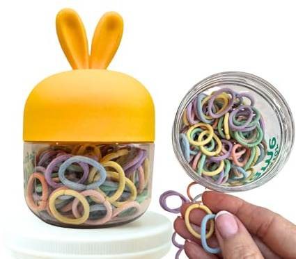 T is for Tame - 50ct Baby Hair Ties - No Damage Small Hair Elastics in a Reusable Bunny Container - 100% Elastic, Crease Free, Metal Free Rubber Bands for Babies and Toddlers