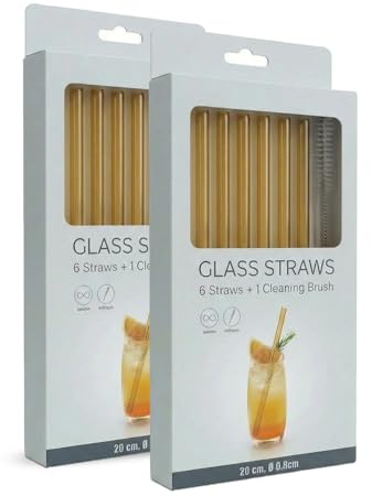 perlopur Trinkhalme 12 Glasstrohhalme gerade (gold) +2 Reinigungsbürsten | Umweltfreundliche, stilvolle Alternative zu Plastikhalmen, mit Reinigungsbürsten, für Smoothies, Cocktails, Heissgetränke…