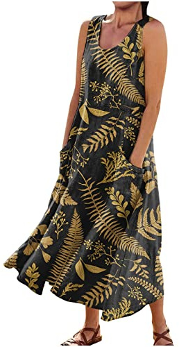 Abito Donna Estivo, Milkmaid Dress, Prendisole Mare Abito Floreale, Corto Floreali Vestitini Curvy Midi Taglie Forti Summer Casa Girocollo Senza Maniche Vestiti Spiaggia Donna, 3XL