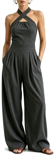 Tuta da donna in misto cotone e lino con schiena scoperta, senza maniche, gambe larghe con tasche, abbigliamento casual