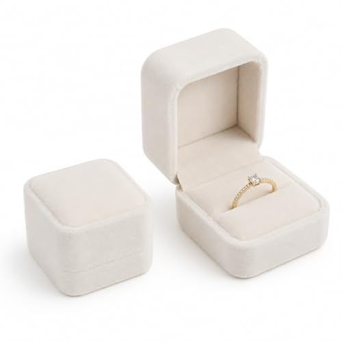Canxyeun Vit ringlåda i sammet, kompakt ringbox med mjuk innerform, ringlåda för förlovningsring, vigselring, smycken, 5,3 x 6,2 x 4,8 cm för ansökan bröllop, jubileum, presentation, säker