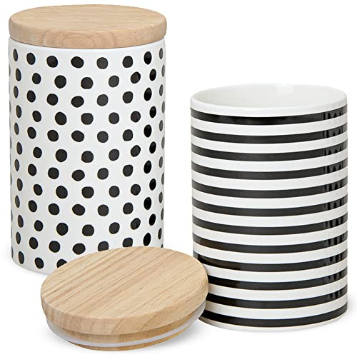 matches21 Porzellan Vorratsdosen mit Holz-Deckel 2er Set schwarz/weiß Dekor aromadicht mit Gummidichtung je 15x9 cm / 680 ml