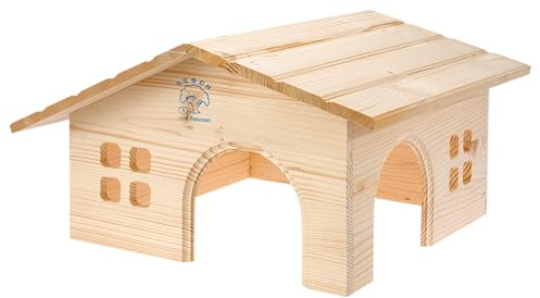 Resch Nr19 Almhütte Watzmann für Zwergkaninchen und Meerschweinchen, Naturbelassenes Massivholz aus Fichte, mit 2 Großen EIN-/Ausgängen und 2 Fenstern, 35,5 x 20 x 35 cm (LxHxB)