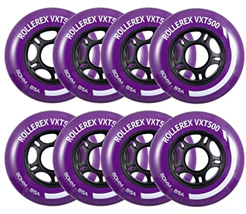 Rollerex VXT500 Inline-Skate-Rollen, 8 Stück, 85 A, robuste Rollerblätter für Innen- und Außenbereich, passend für Standard-608-Kugellager (Königsviolett, 80 mm)