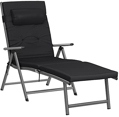 SONGMICS Chaise Longue, Bain de Soleil avec Matelas d’Un épaisseur de 6cm, en Alu Anti-Rouille, Respirant, Inclinable, Charge Max 150 kg, Noir GCB24BK