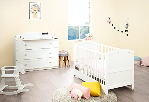 PINOLINO Kinderzimmer-Set Laura breit, 2-TLG. mit Kinderbett mit Lattenrost und Wickelkommode inkl. Wickelaufsatz, für Babys und Kleinkinder, aus weißem Dekor