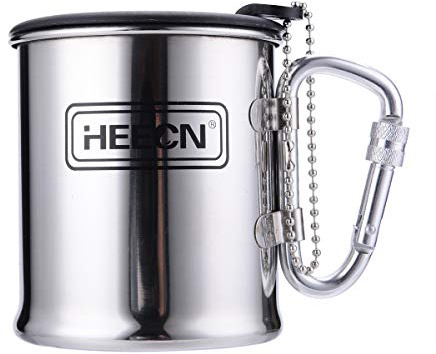 HEECN Camping Mug - Carabiner Cup - Hiking Cup with Clip and lid - Metal Mugs Light Weight HESS-030BBK
