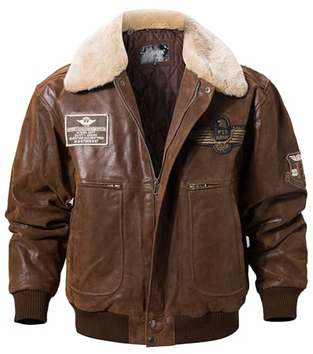 FLAVOR Chaqueta bomber de piel auténtica para hombre con cuello de piel extraíble (XL, Marrón)