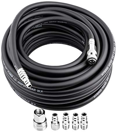Ejoyous 900 PSI 15m Black Rubber Compressor Air Hose with 5 Piece Accessory Kit and Quick Coupling for Compressor Accessories, Stretchable, Durable, Multi-use